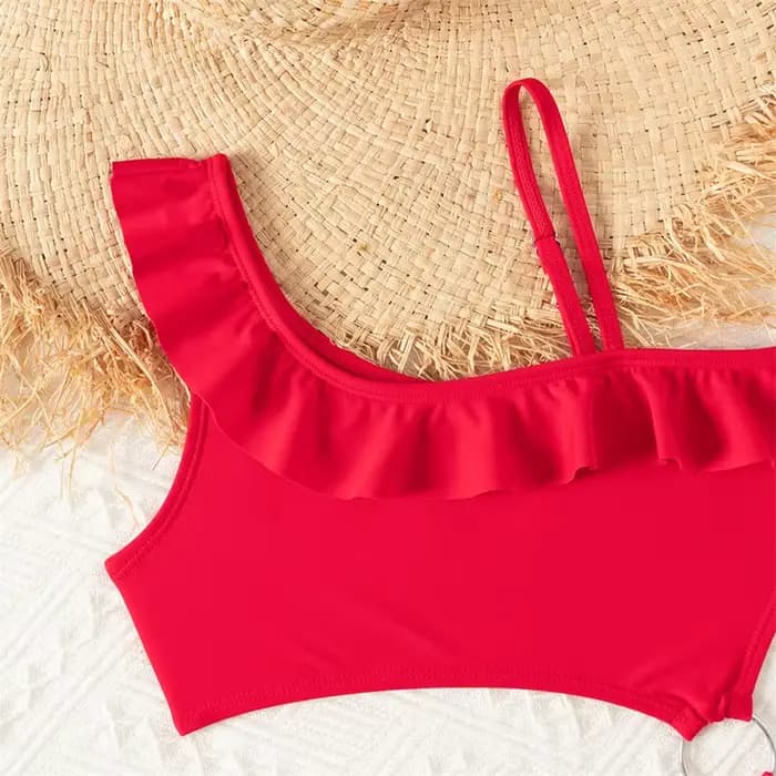 Bikini filles enfants maillots de bain une épaule volants maillots de bain couleur unie dos nu maillot de bain