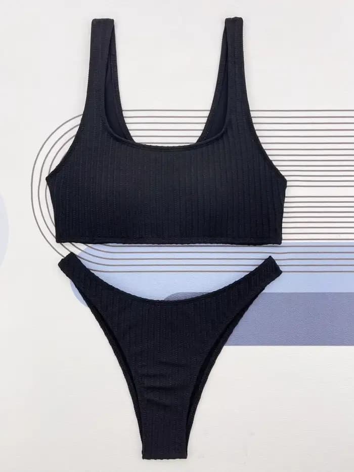 Bikini 2026 Sexy Blanc et Noir Côtelé Push-Up Micro Maillot de Bain Séparé Femme Plage Deux Pièces Tenue