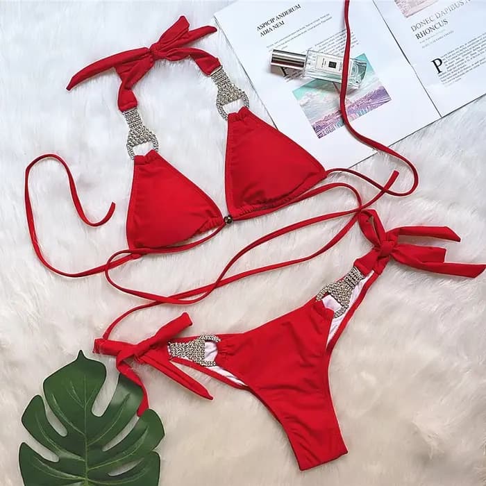 Maillot de bain vert néon pour femmes, bikini dos nu diamant, ensemble deux pièces, culotte taille basse, string, triangle, micro