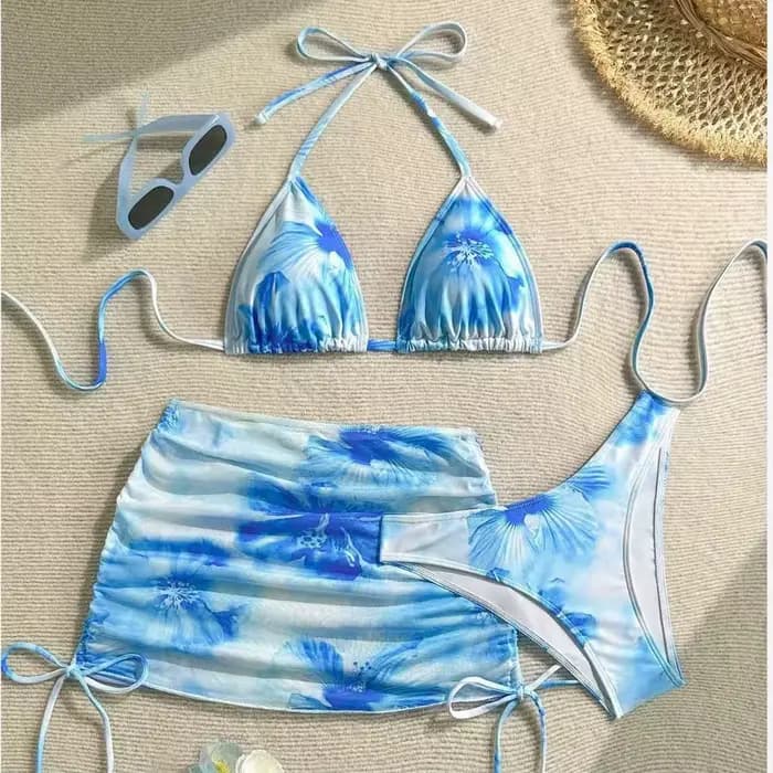 Sexy 3 pièces ensemble Bikini femmes imprimé maillot de bain fendu sangle de cou