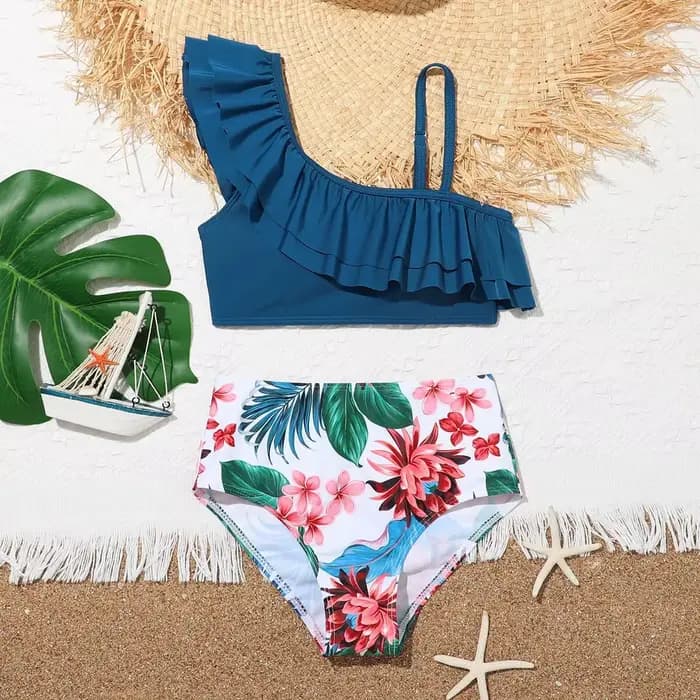 Maillot de bain imprimé floral pour filles, taille haute, bikini, ensemble deux pièces, pour la plage, pour enfants de 7 à 12 ans