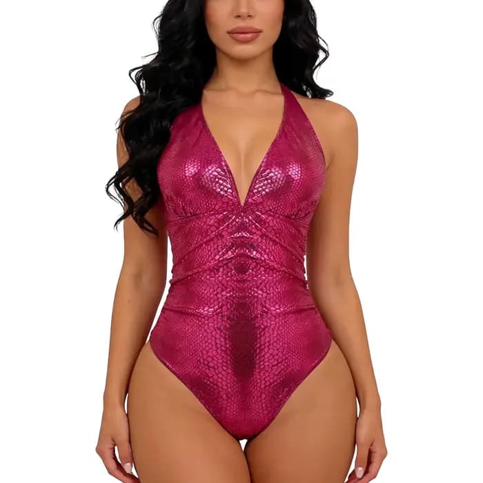 Maillot de bain une pièce brillant pour femme, motif serpent métallisé, dos nu, col en V, à lacets