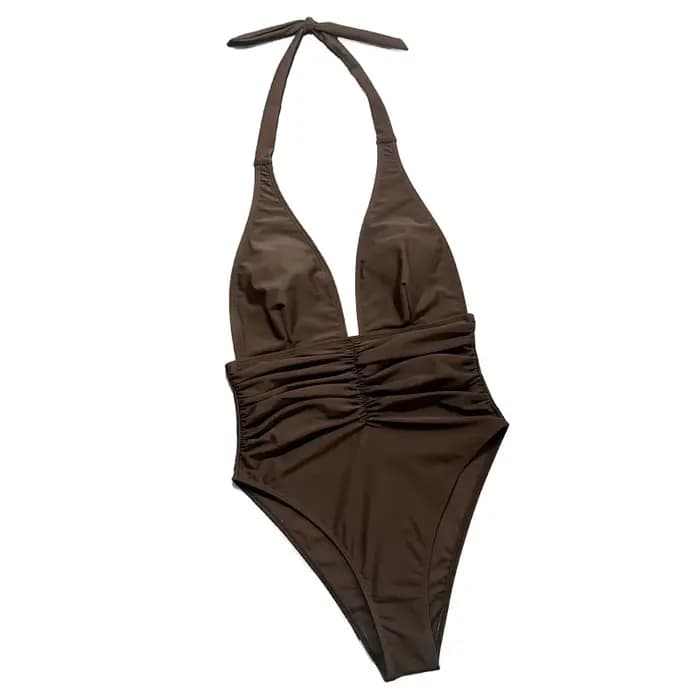 Maillot de bain une pièce marron uni pour femmes, Bikini noir à col en v profond, Monokini de plage d'été dos nu à bretelles, nouveaux maillots de bain 2025