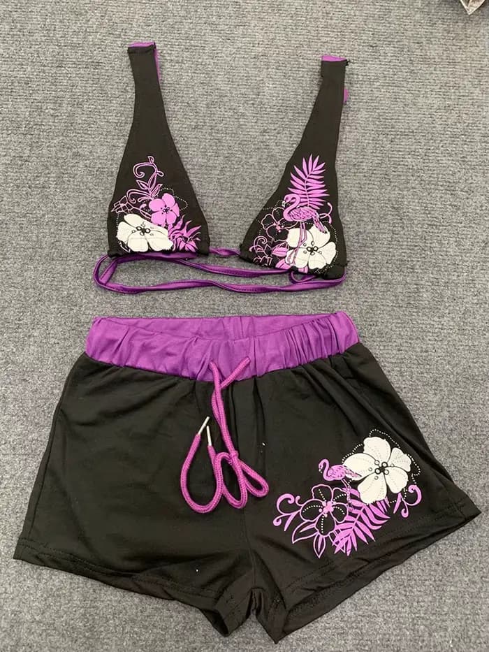 Été plage Ins mode chaude Sexy dames fendu deux pièces Bikini beau Vintage contraste fleur imprimé soutien-gorge à bretelles ensemble short et haut