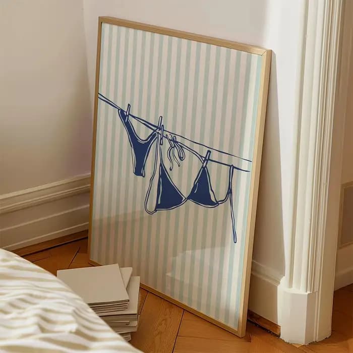 3 pièces/ensemble "La Dolce Vita" Sardines Bikini bleu rayure toile impression affiche moderne décor côtier été mur Art