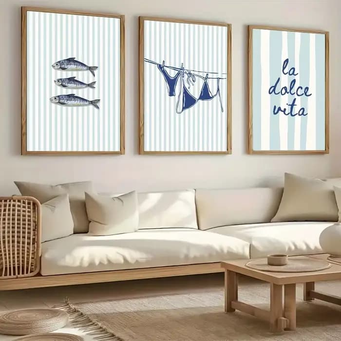 3 pièces/ensemble "La Dolce Vita" Sardines Bikini bleu rayure toile impression affiche moderne décor côtier été mur Art