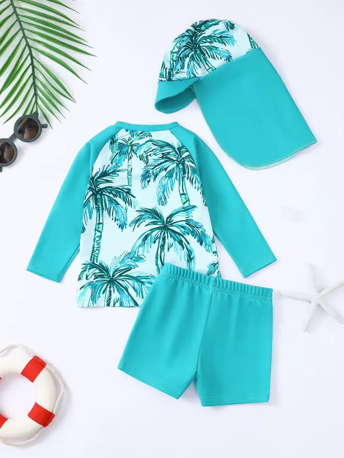 Ensemble de maillot de bain à manches longues pour bébé garçon, avec short et chapeau, tenue aquatique pour nourrissons, comprend des couvre-chef pour les jeunes enfants
