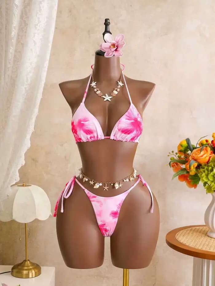 Ensemble bikini 3 pièces pour femme à imprimé hibiscus avec jupe à volants en maille