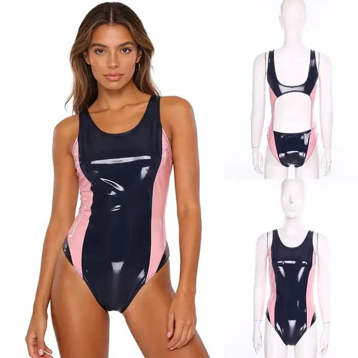 Maillot de bain une pièce en similicuir PU pour femme, col rond, sans manches, coupe haute, effet mouillé, style justaucorps, tenue de plage