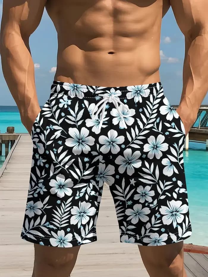 Shorts de vacances hawaïens pour hommes, shorts de plage avec rayures dégradées bleu-vert néon et imprimé floral, doux et respirants