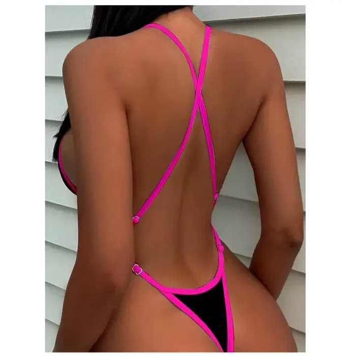 Cikini Summer Beach Maillot de bain une pièce avec bordure contrastée et col licou pour femme - Maillot de bain sexy
