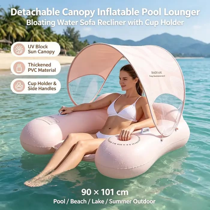 Chaise longue gonflable flottante pour piscine avec pare-soleil amovible, protection UV, porte-gobelet, pour l'été, la plage et les activités de plein air