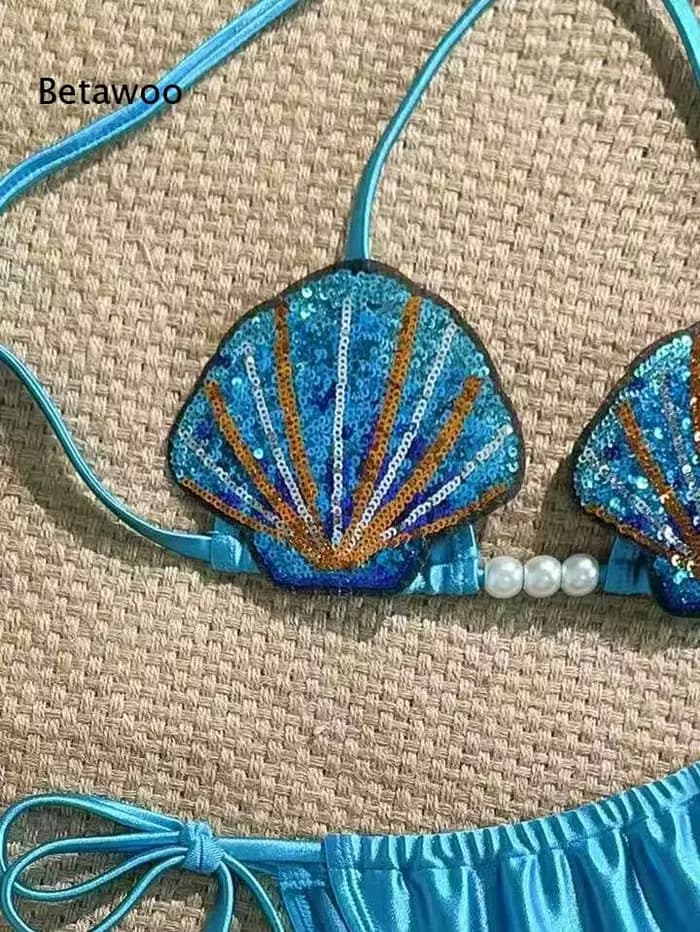 Ensemble de bikini halter brodé de coquillages pour femme Betawoo