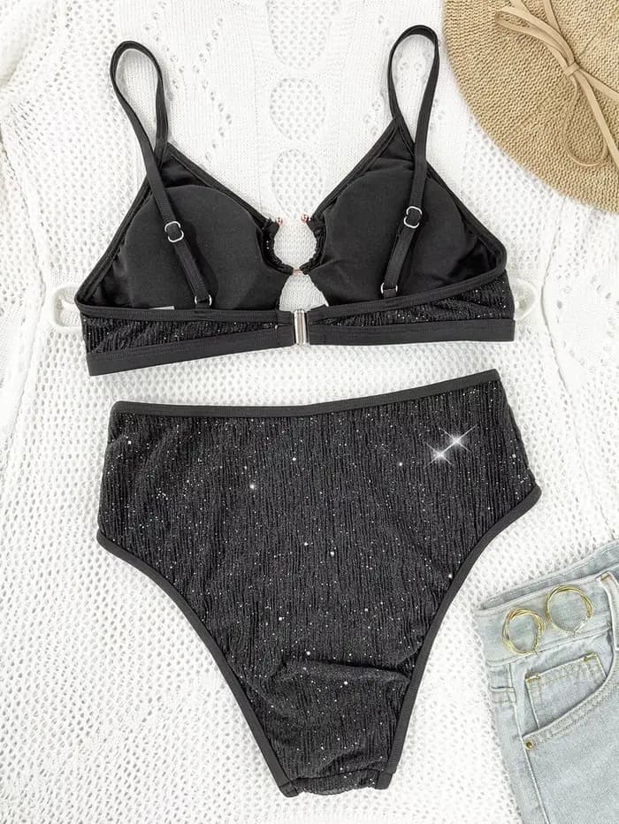 Maillot de bain deux pièces noir brillant pour femme