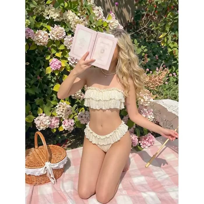 Ensemble bikini sans bretelles en dentelle à double couche Mibai pour femmes, maillot de bain deux pièces, maillot de bain décontracté pour les vacances d'été à la plage