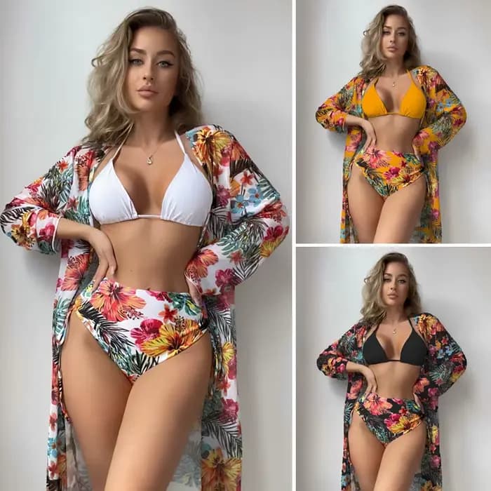 Maillot de bain à imprimé floral pour femmes, bikini dos nu, taille haute, sexy, rembourré, noir, blanc, orange, 3 pièces
