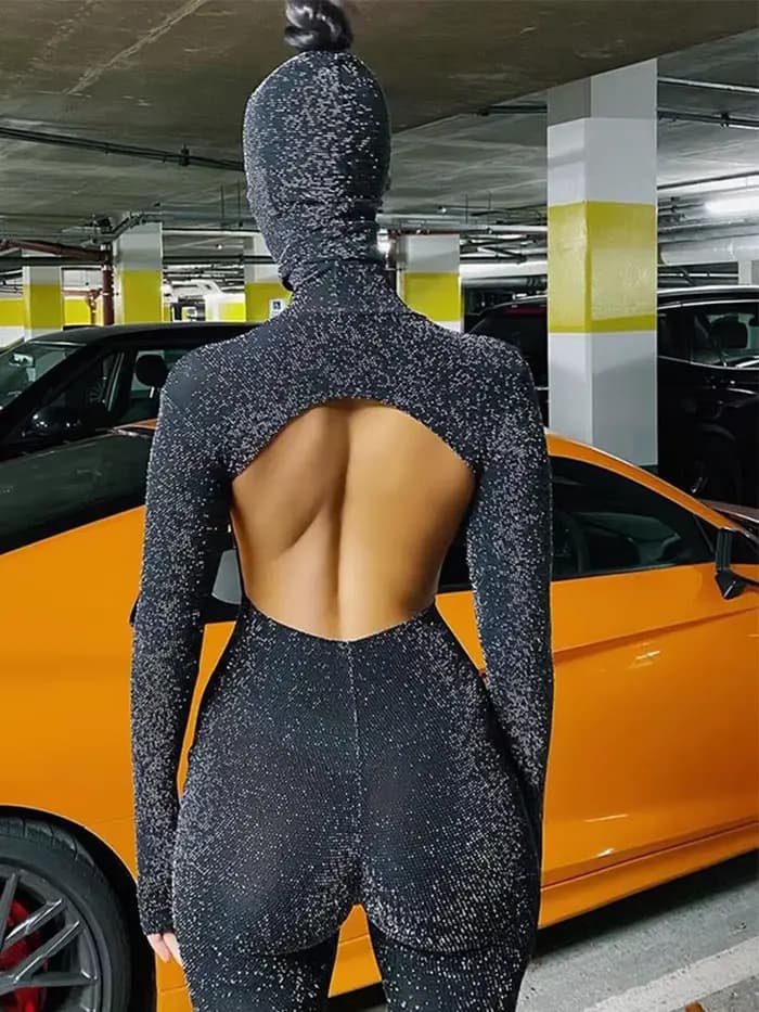 Combinaison noire à manches longues pour femme, dos nu, batterie con, barboteuse, combishort, document solide, mode streetwear, automne, hiver, 2025