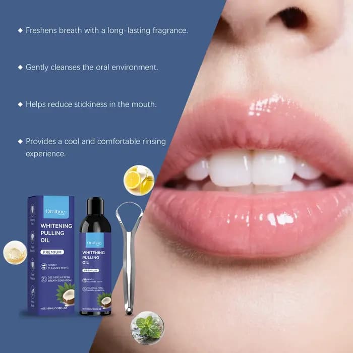 Huile de traction de noix de coco avec grattoir à langue, blanchiment des dents, hygiène buccale, nettoyage, haleine fraîche, élimination des odeurs sans alcool, bain de bouche