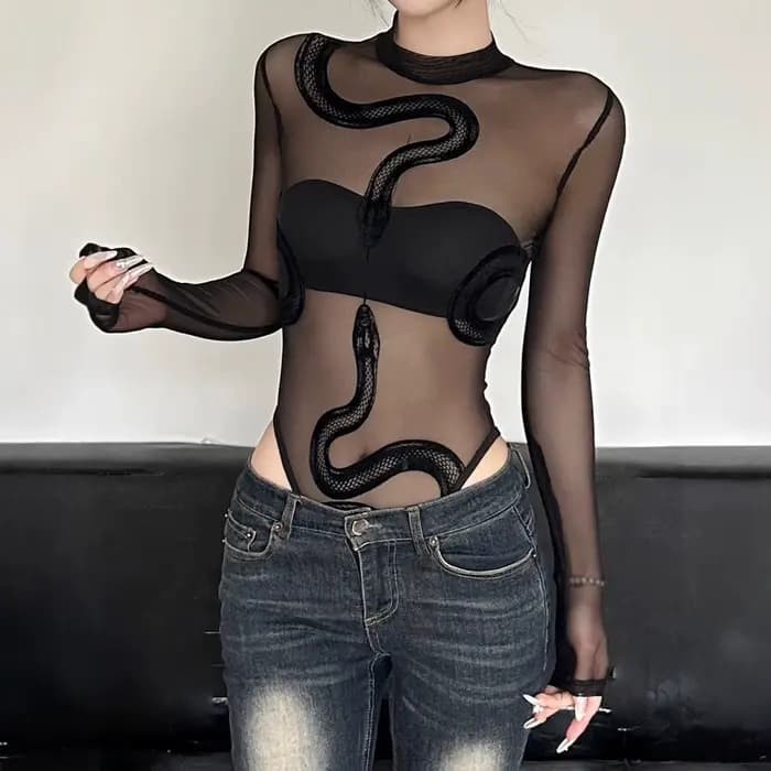 Combinaison une pièce sexy à imprimé serpent, manches longues, col rond, coupe basique, en tissu métallique fin, Été 2025, Small