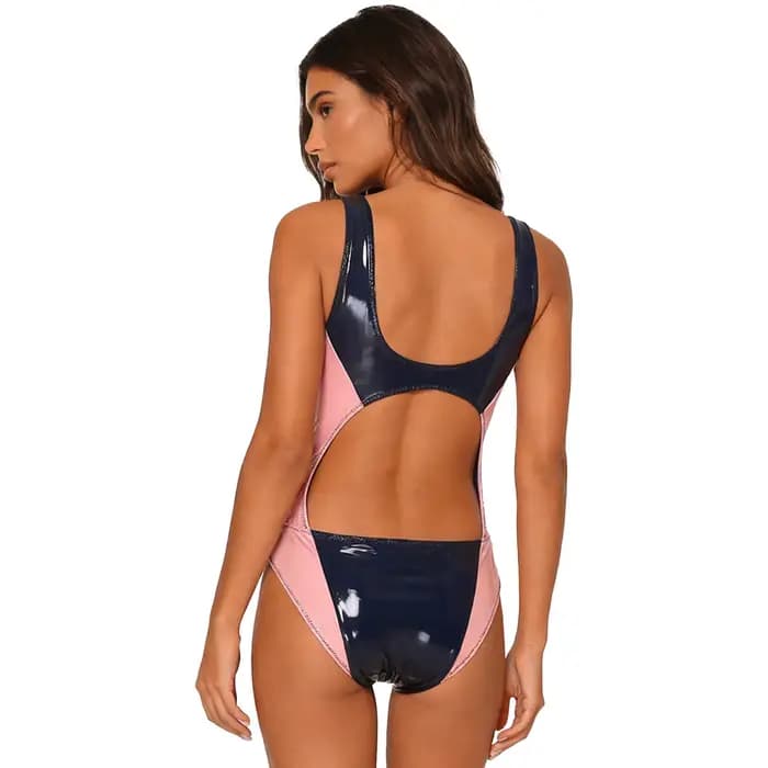 Maillot de bain une pièce en similicuir PU pour femme, col rond, sans manches, coupe haute, effet mouillé, style justaucorps, tenue de plage