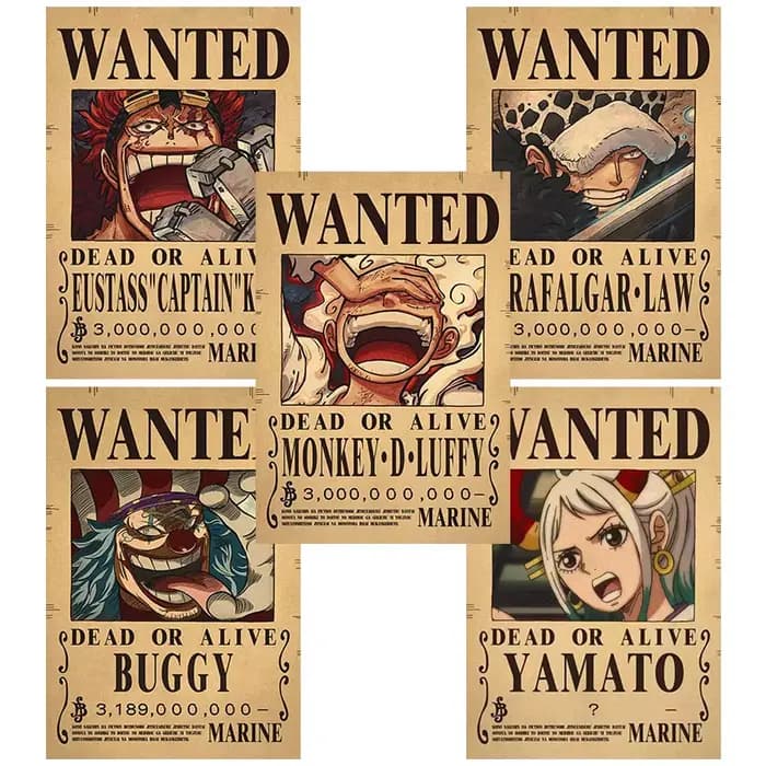 Anime Luffy Gear 5 une pièce primes recherché affiches 4 empereurs loi enfant figurines Vintage salon décoration murale autocollants jouets
