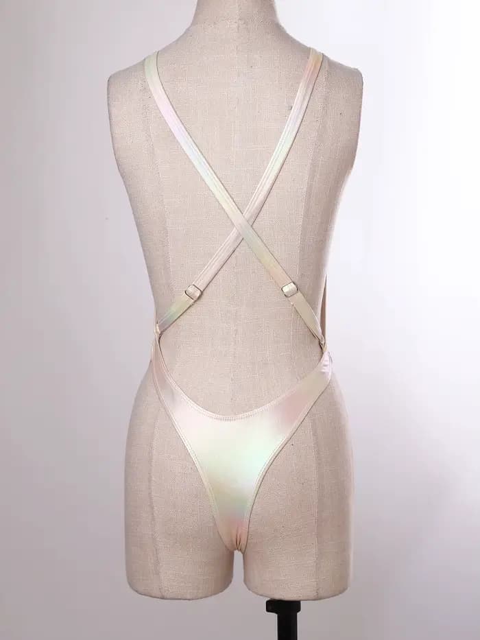 Maillot de bain une pièce métallisé irisé pour femme, dos nu, bretelles croisées avec coussinets de poitrine, body tendance, vêtements de plage une pièce