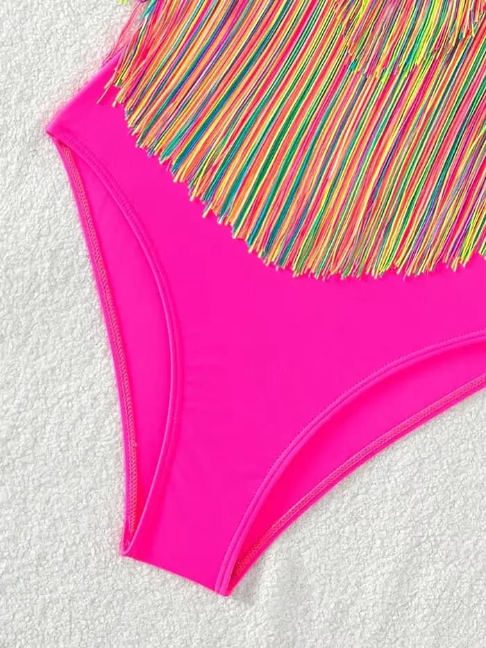 Maillot de bain une pièce à franges colorées, sexy, rose vif, push-up, contrôle TUNIControl, pour la plage, dos nu, trempé, monokini, pour femmes, tendance 2024