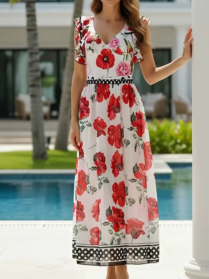 Maillot de bain une pièce à volants et jupe longue imprimée rembourrée 2026 pour femme – Tenue de plage estivale