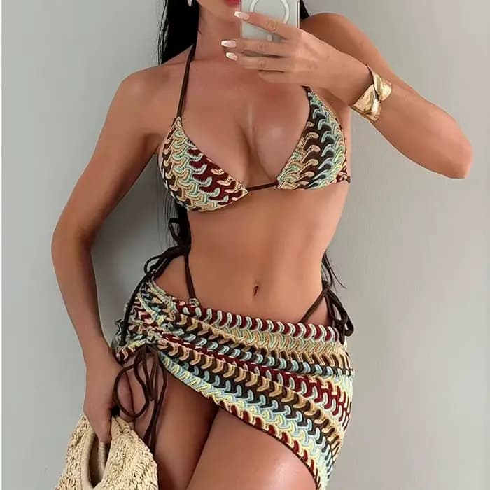 Bikini imprimé avec jupe licou maillot de bain à bretelles femmes maillots