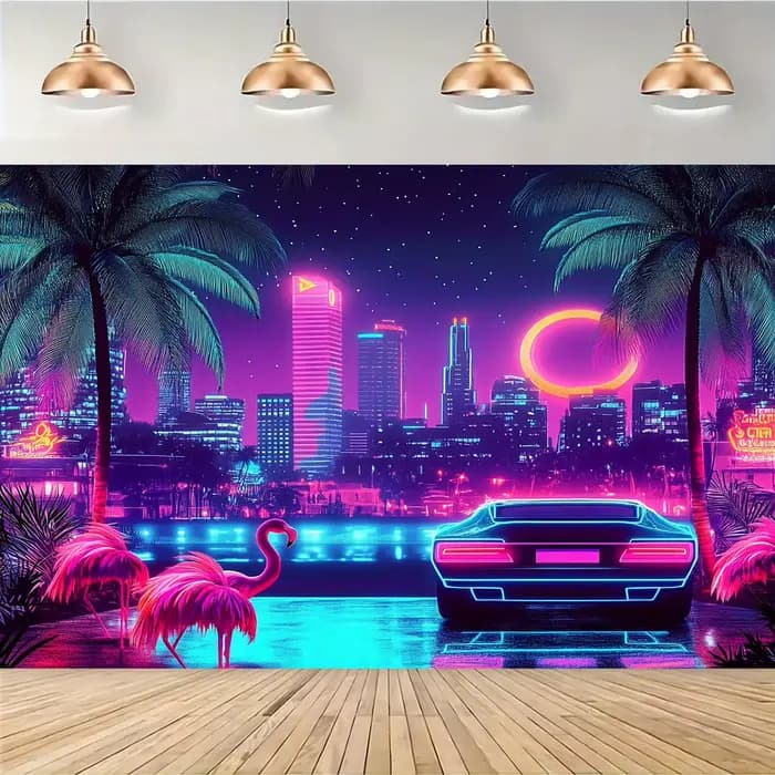 Une pièce, fond de thème tropical disco d'été rétro néon Miami années 80