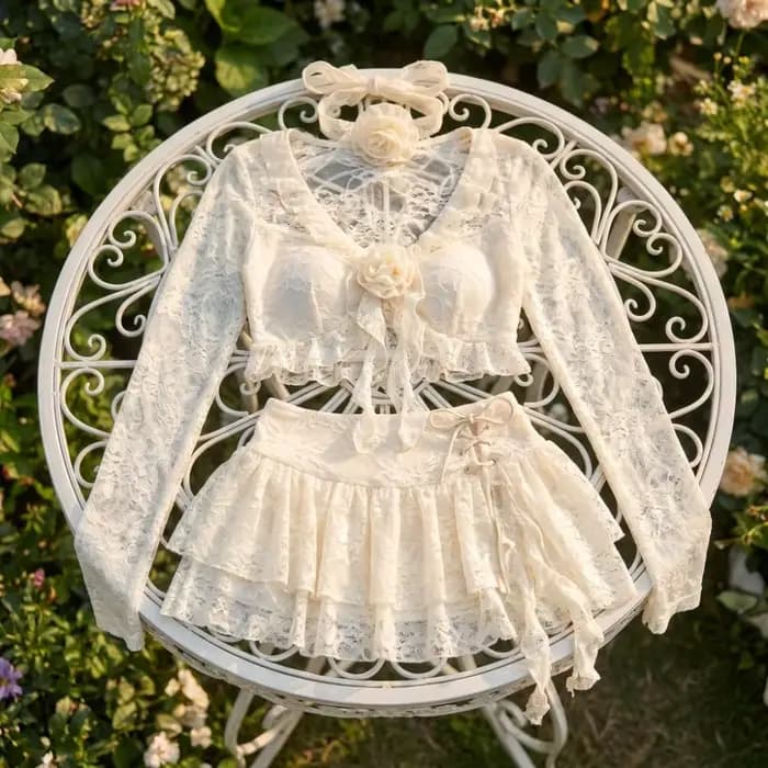 Maillot de bain quatre pièces à volants en dentelle à manches longues