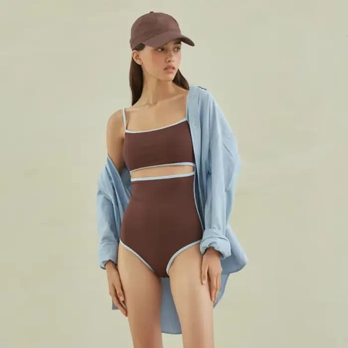 Sexy une pièce solide maillot de bain femmes découpé maillot de bain maillots de bain Monokini Bandeau maillot de bain coréen rembourré vêtements de plage marron