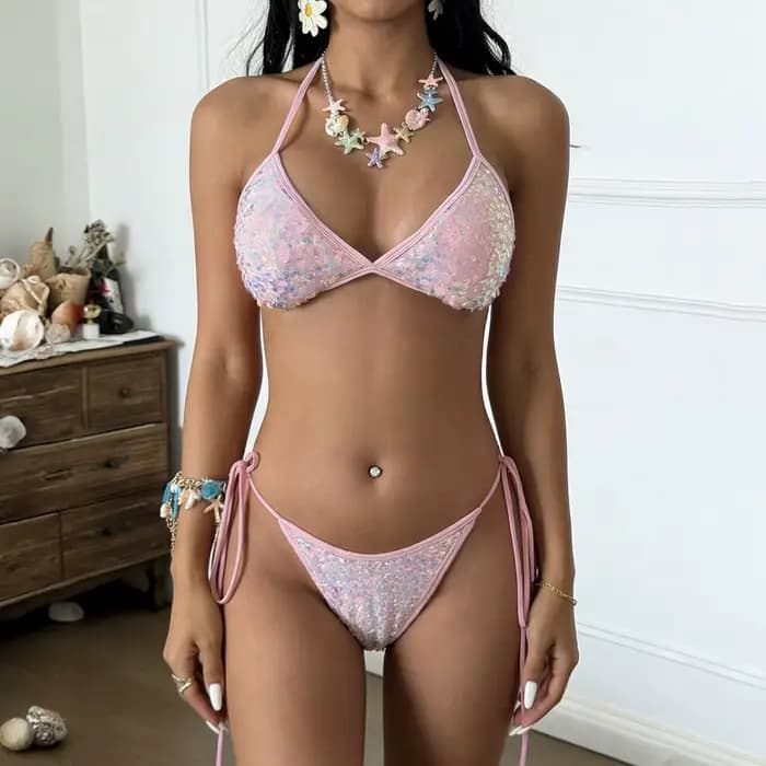Ensemble de bikini sexy en dentelle rose à lacets pour les vacances à la plage