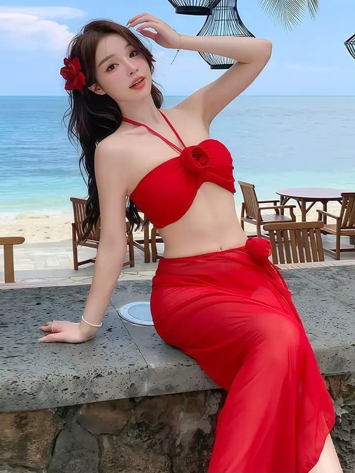 2025 coréen maillot de bain femmes Sexy Bikini rouge fendu jupe longue