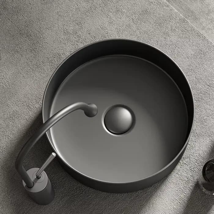 Lavabo de salle de bain moderne en céramique : blanc/gris foncé, finition mate, diamètre 36 cm/14 pouces, adapté à la vanité de salle de bain (sans robinet)