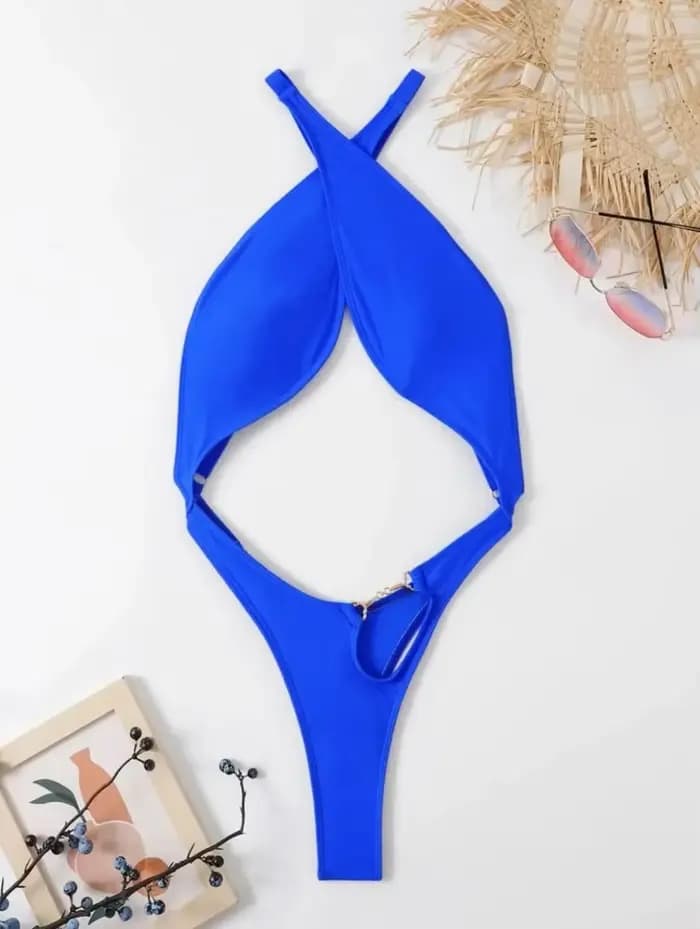 Maillot de bain une pièce sexy bleu et noir 2026 pour femme, dos nu, micro bikini, avec découpes, push-up et bretelles croisées