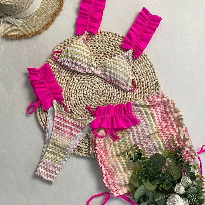 DEBAIOR nouveau ensemble de Bikini Sexy femmes maillot de bain trois pièces avec jupe couvrir bords froissés