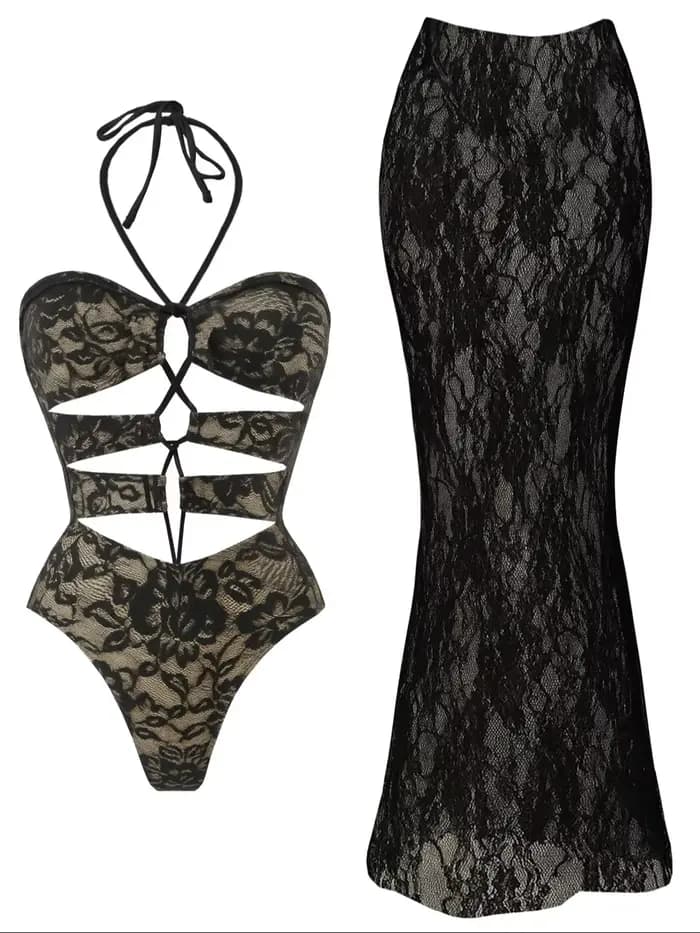 Maillot de bain une pièce en dentelle avec jupe