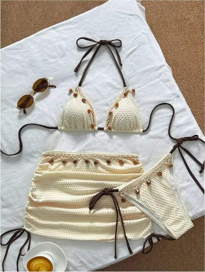 Ensemble bikini 3 pièces texturé pour femme avec dentelle