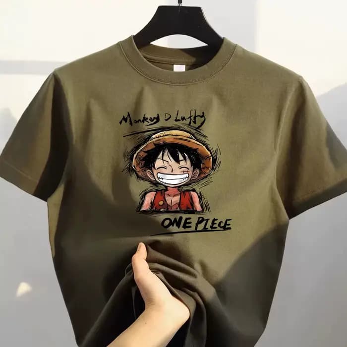 T-shirt en coton pur à manches courtes avec imprimé du personnage Luffy de One Piece, style ample, thème anime