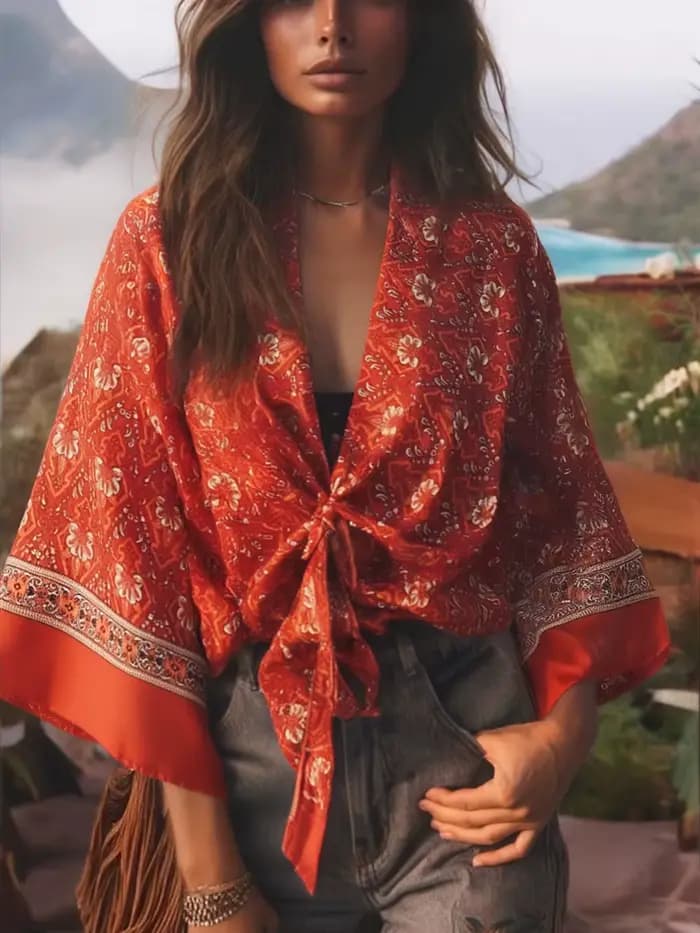Boho Dinner ens Red Floral Beach Kimono, Short Robe, Swimsuits, Women Fashion, BatOOSleeves, Rayon, Bohemian Bikini Cover Ups, Beachwear