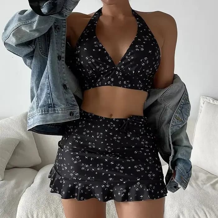 Ensemble de bikini dos nu coupe basse avec jupe à volants pour femmes, maillots de bain sexy, maillots de bain bandage licou, monokini, 3 pièces