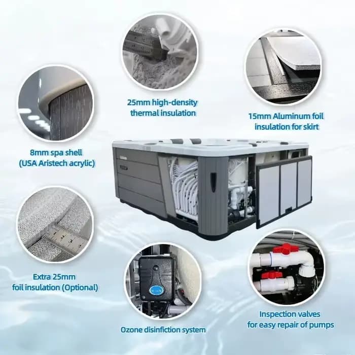 Bain à remous extérieur commercial pour 6 personnes, spa de massage, baignoire en acrylique, jacuzzi avec 87 jets et système de stérilisation à l'ozone