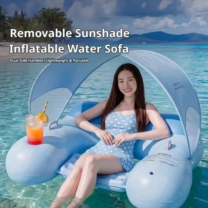 Chaise longue gonflable flottante pour piscine avec pare-soleil amovible, protection UV, porte-gobelet, pour l'été, la plage et les activités de plein air