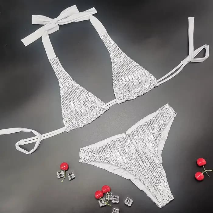 Maillot de bain deux pièces pour femmes, bikini scintillant, ensemble smocké, push up, pour la plage