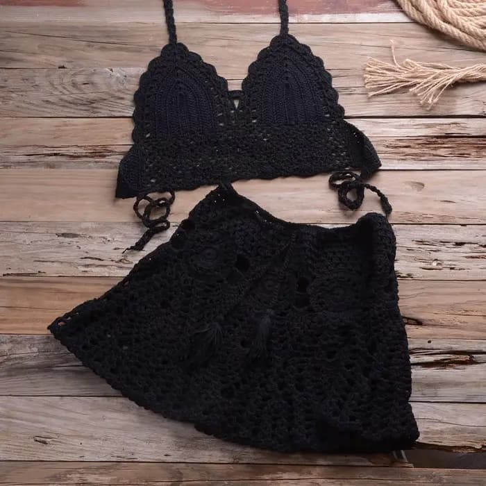 Boho Sexy Bikinis ensembles femmes au crochet évidé deux pièces été Bikini vêtements de plage licou cou