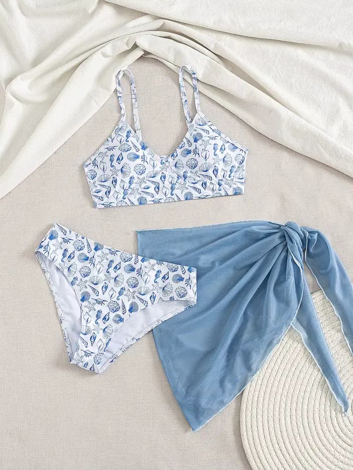 Ensemble de bikini 3 pièces pour adolescentes et jeunes filles, maillots de bain avec jupe de plage pour la natation, vêtements de plage et de sport