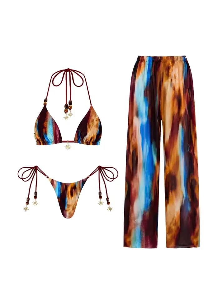 Ensemble de maillot de bain rétro imprimé avec jupe, bikini triangle à bretelles, maillot de bain perlé pour femme, tenue de plage