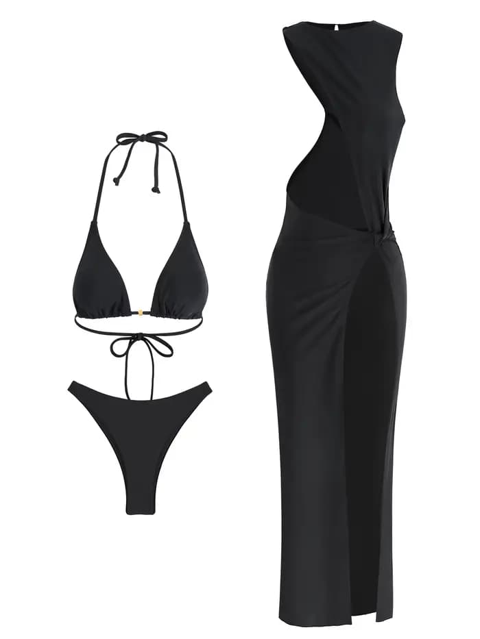 Noir 3 pièces Triangle Bikini ensembles 2025 Sexy évider robe de couverture maillot de bain femmes Bikini ensemble maillots de bain maillot de bain K282