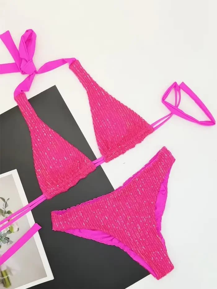 Maillot de bain deux pièces pour femmes, bikini scintillant, ensemble smocké, push up, pour la plage
